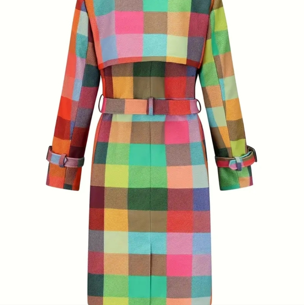 Rainbow Plaid Double Button Ladies Rain Coat. - Picture 10 of 10
